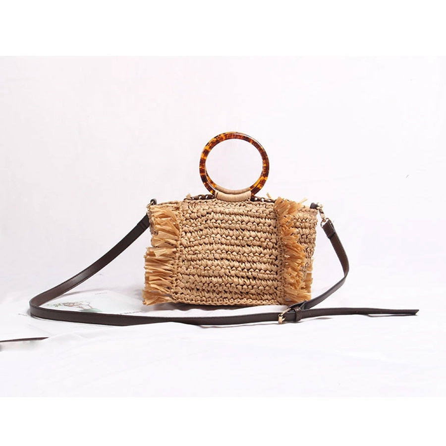 Women's Straw Solid Color Vacation Tassel Weave Square Zipper Shoulder Bag