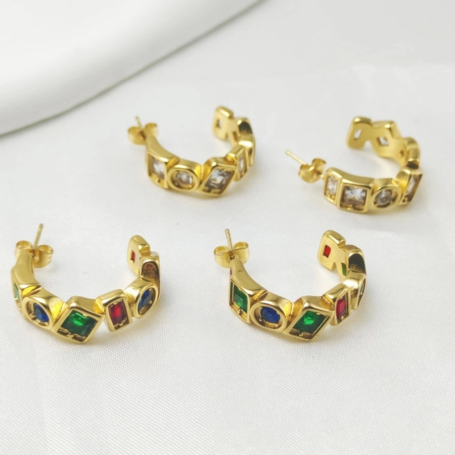 1 Pair Elegant Commute Shiny C Shape 304 Stainless Steel Rhinestones 18K Gold Plated Ear Studs