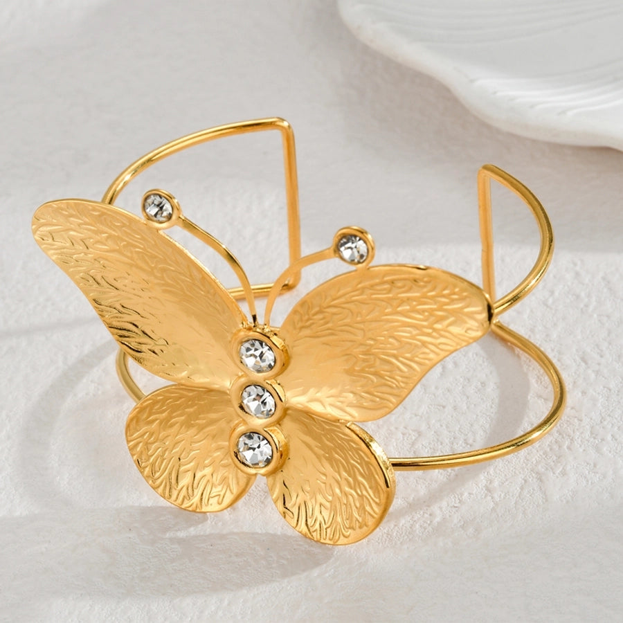 Retro French Style Leaves Heart Shape Butterfly 304 Stainless Steel 18K Gold Plated Bangle In Bulk