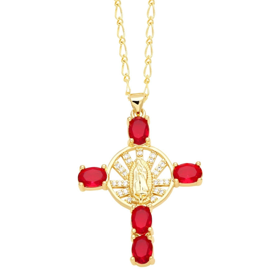 retro novelty cross virgin mary copper plating inlay zircon 18k gold plated pendant necklace