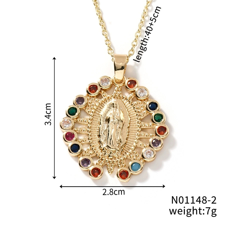 Jewelry Vintage Style Virgin Mary Oval Heart Shape 304 Stainless Steel Copper Zircon K Gold Plated Inlay Pendant Necklace