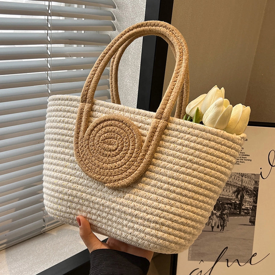 Women's cotton thread Splicing Vacation Weave Bucket Open Handbag