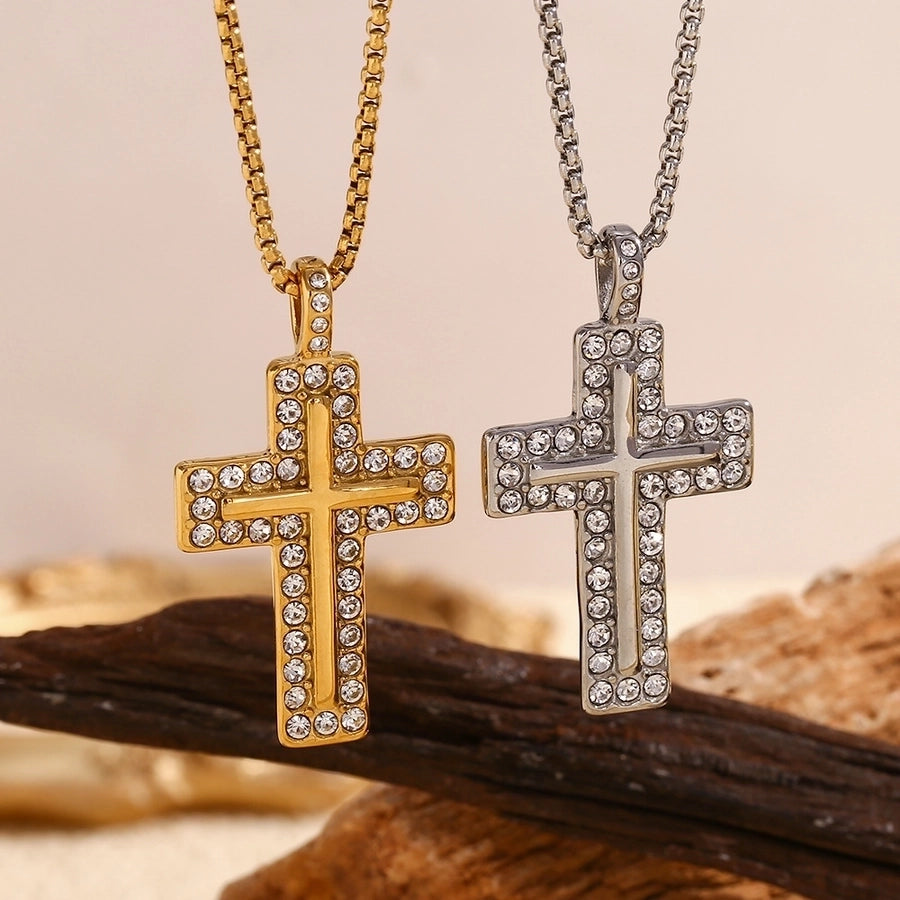 Jewelry Casual IG Style Cross 304 Stainless Steel Titanium Steel Zircon 18K Gold Plated Inlay Pendant Necklace