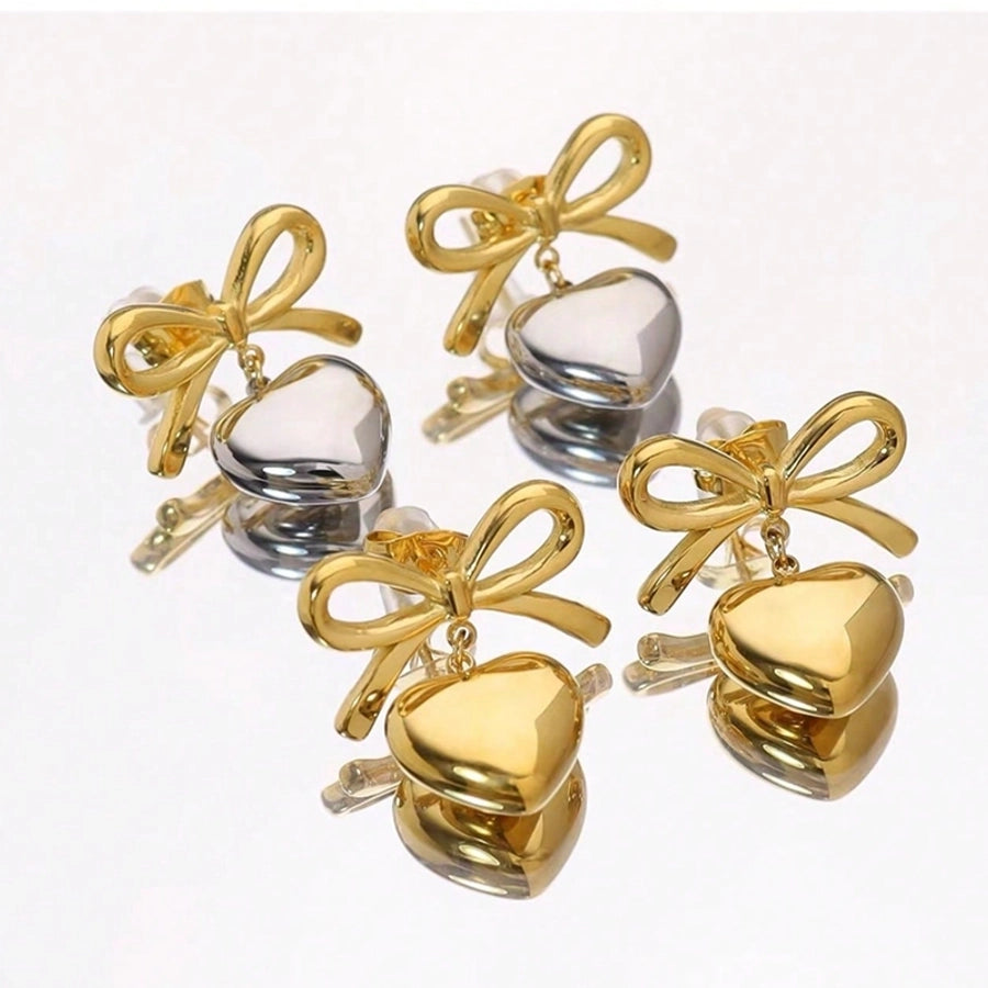 1 Pair Elegant Glam Classic Style Heart Shape Bow Knot 304 Stainless Steel 18K Gold Plated Drop Earrings - CEJEW