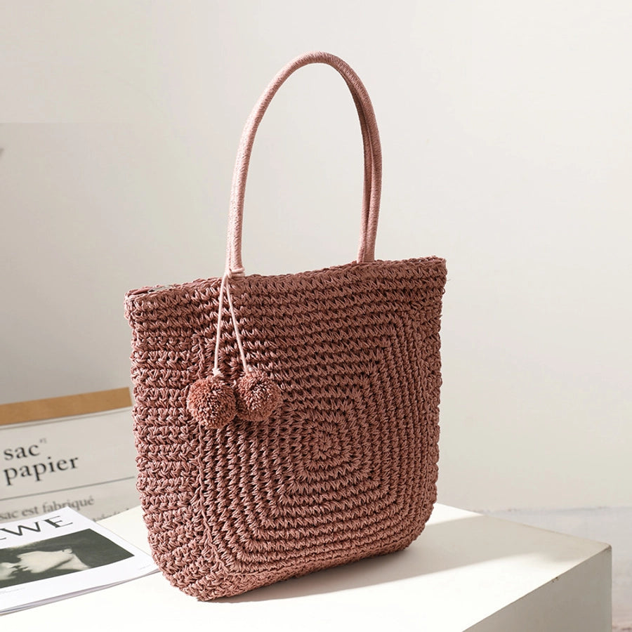 Women's Medium Straw Solid Color Classic Style Weave Square Zipper Straw Bag