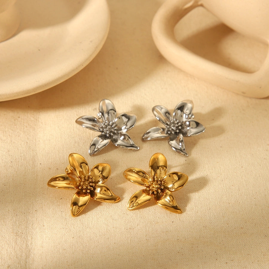 1 Pair IG Style Classic Style Flower Polishing 304 Stainless Steel 18K Gold Plated Ear Studs - CEJEW