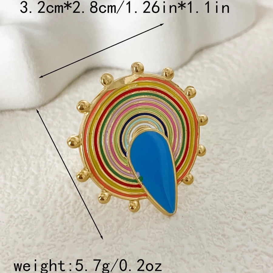 304 Stainless Steel Gold Plated Modern Style Sweet Asymmetrical Enamel Plating Round Water Droplets Turquoise Open Rings