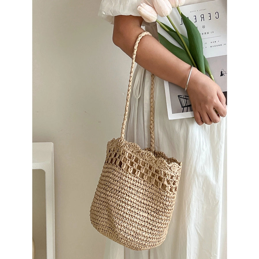 Women's Medium Paper Solid Color Vacation Weave Hollow Bucket String Bucket Bag