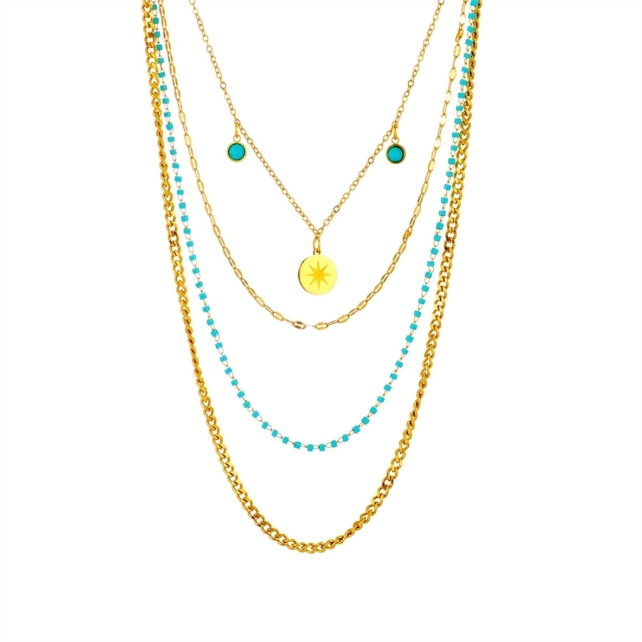 Jewelry Retro Round 304 Stainless Steel Turquoise 18K Gold Plated Beaded Gold Plated Inlay Stainless Steel Necklaces