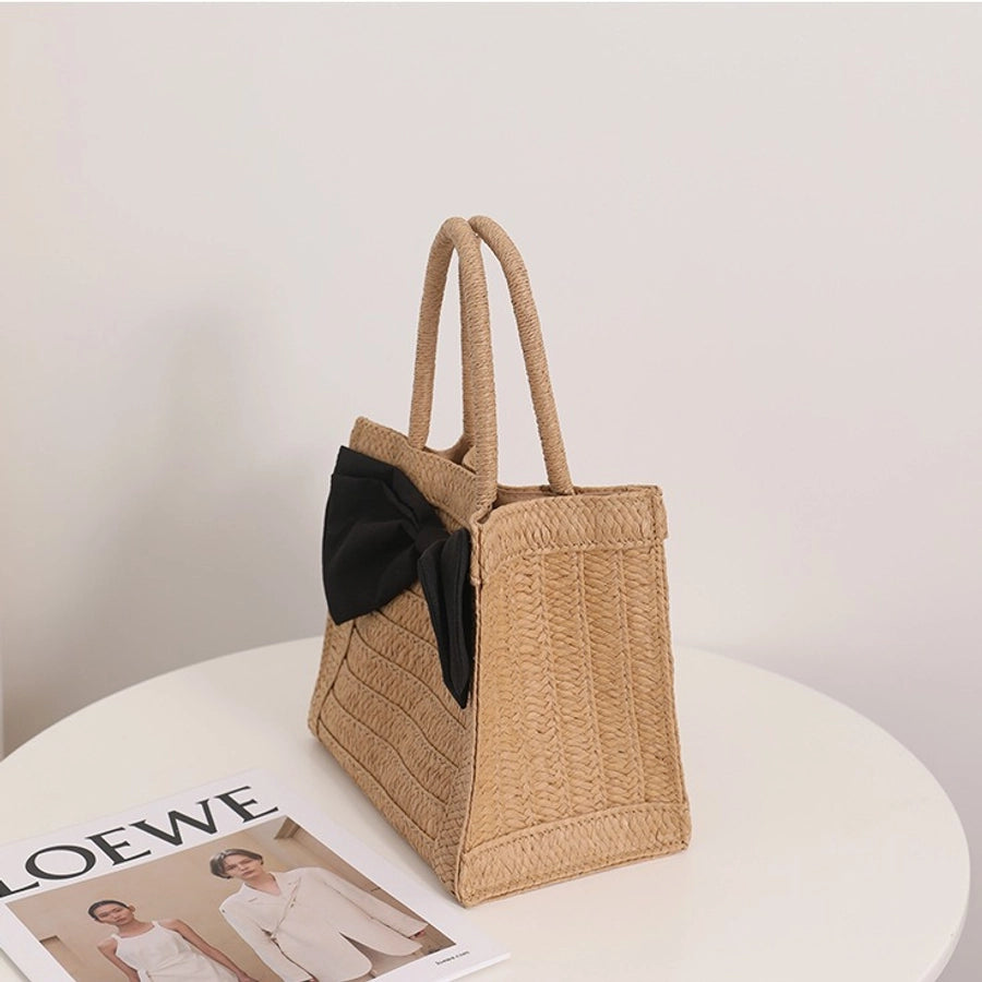 Women's Straw Bow Knot Vacation Weave Square Magnetic Buckle Handbag