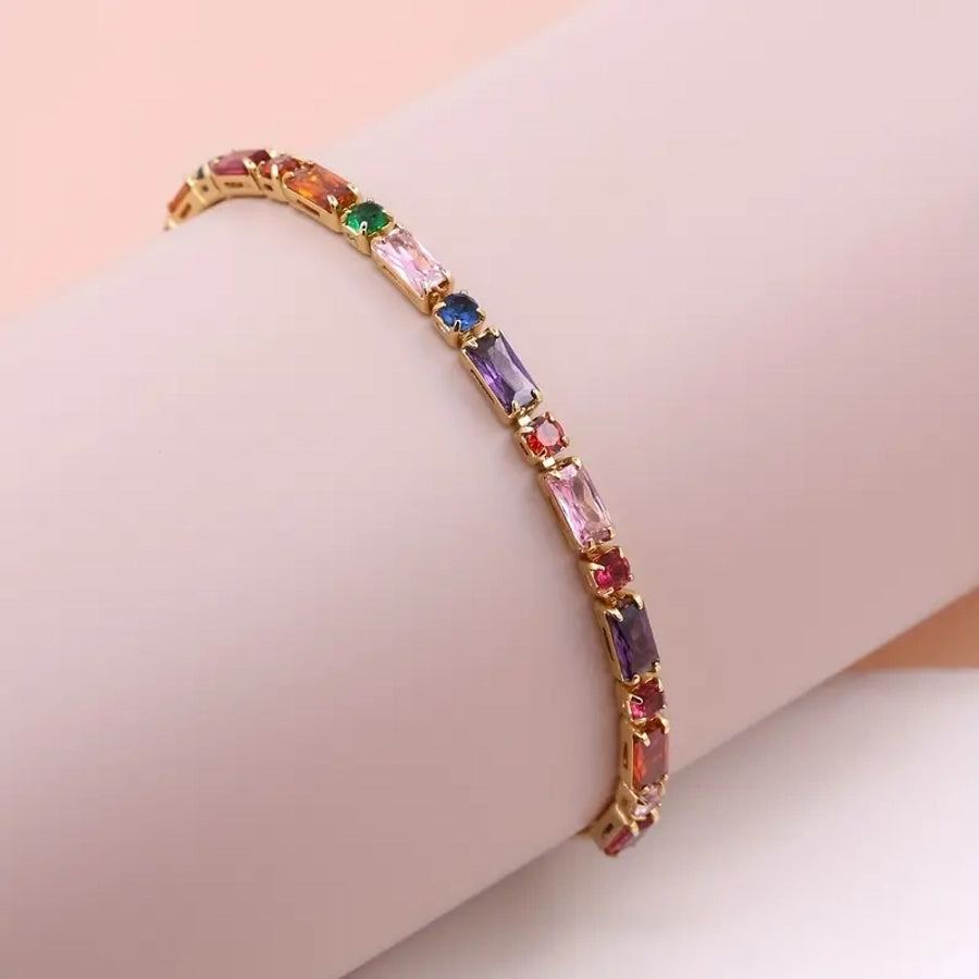 simple style shiny square rectangle copper 18k gold plated zircon bracelets in bulk