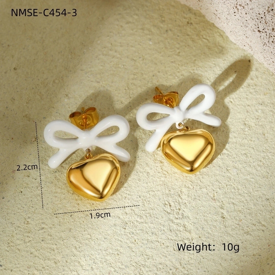 1 Pair Elegant Heart Shape Bow Knot Titanium Steel Drop Earrings