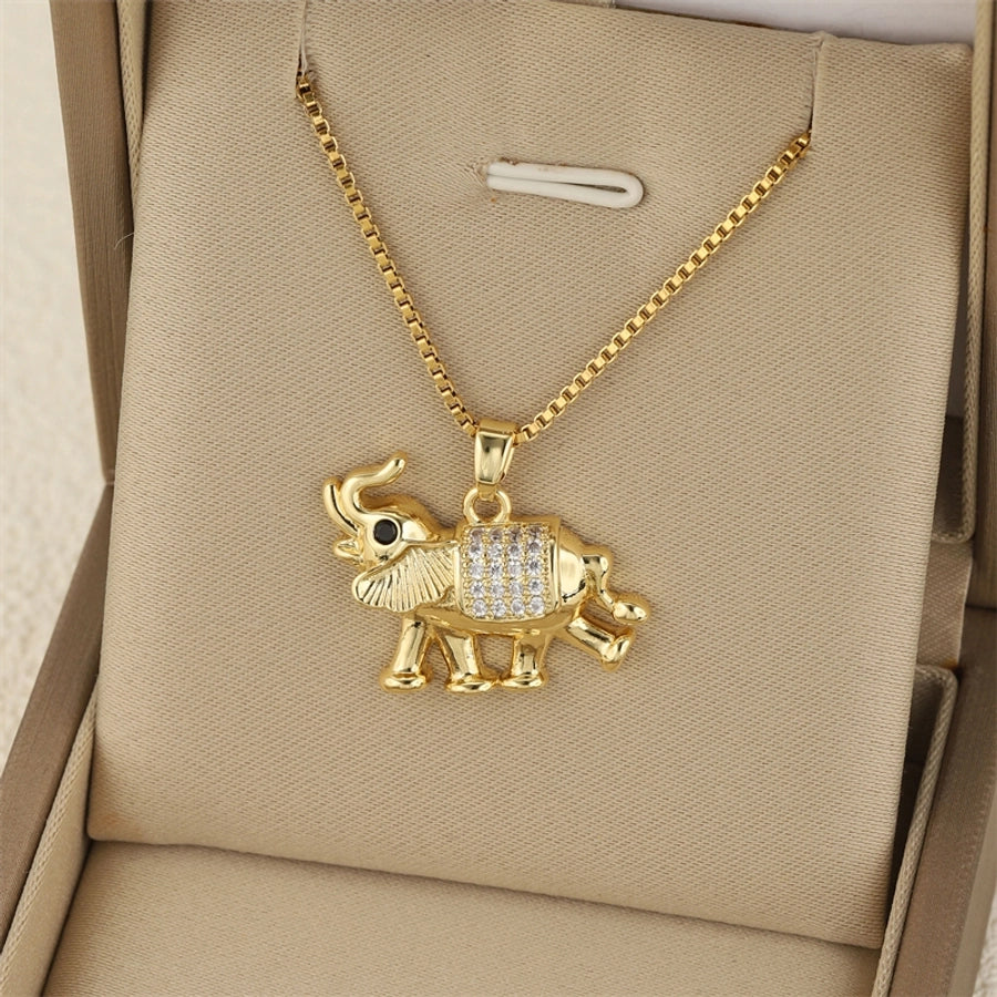 201 Stainless Steel Brass 18K Gold Plated Hollow Out Inlay Elephant Zircon Pendant Necklace