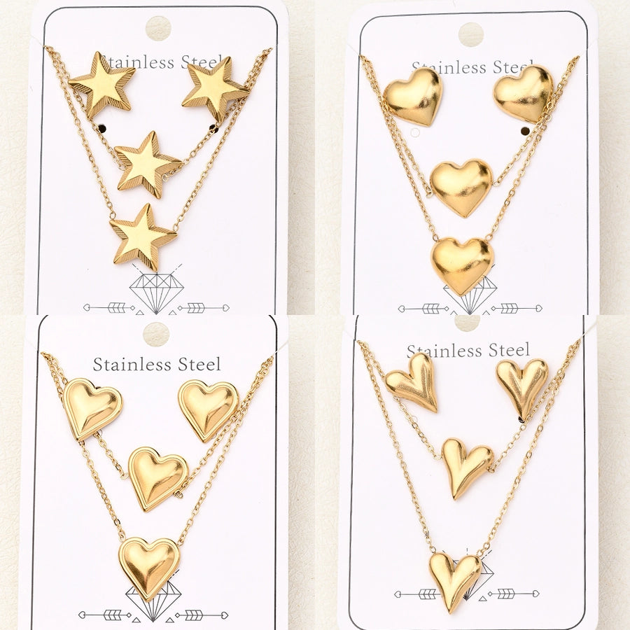 Jewelry Casual Basic Vacation Pentagram Heart Shape Simple 304 Stainless Steel 18K Gold Plated Handmade Polishing Plating Jewelry Set