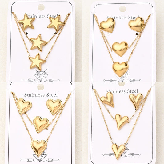 Jewelry Casual Basic Vacation Pentagram Heart Shape Simple 304 Stainless Steel 18K Gold Plated Handmade Polishing Plating Jewelry Set