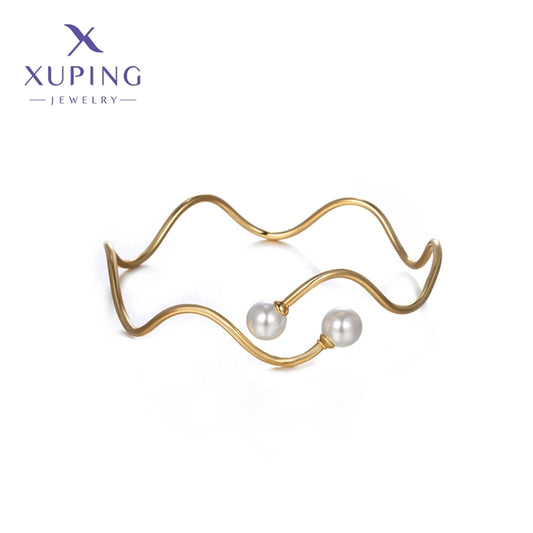 Copper 18K Gold Plated Plating Waves Artificial Pearls Bangle