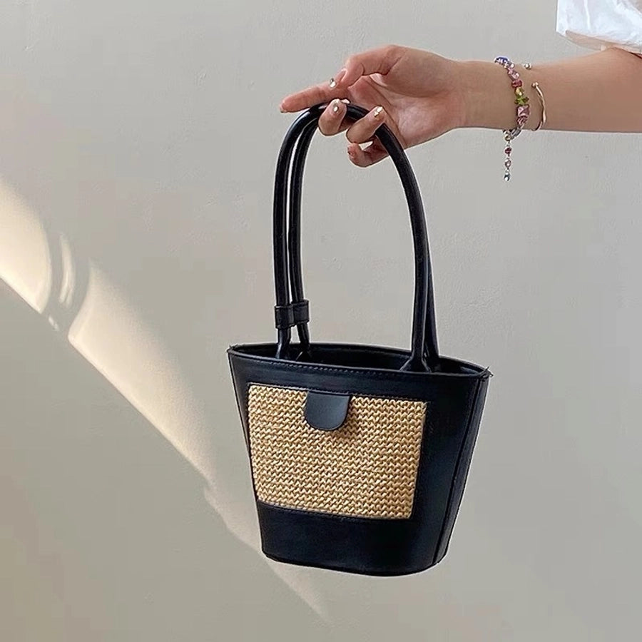 Women's Pu Leather Straw Splicing Vacation Weave Square Hook Loop Shoulder Bag