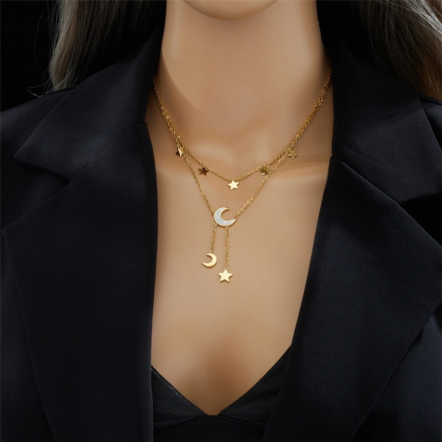 Jewelry Fashion Star Moon 304 Stainless Steel 18K Gold Plated Plating Stainless Steel Necklaces - CEJEW