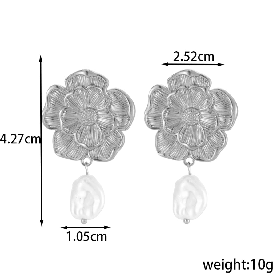 1 Pair Vintage Style French Style Simple Style Heart Shape Flower Hollow Out Inlay 304 Stainless Steel Pearl Drop Earrings Ear Studs