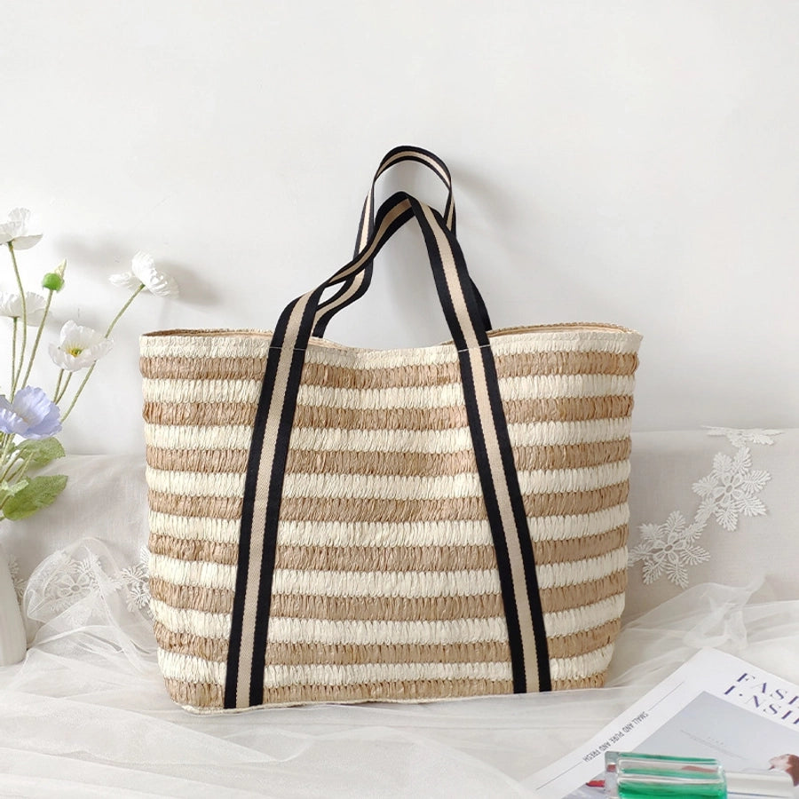 Women's Medium Paper Stripe Streetwear Weave Sewing Thread Square Magnetic Buckle Tote Bag