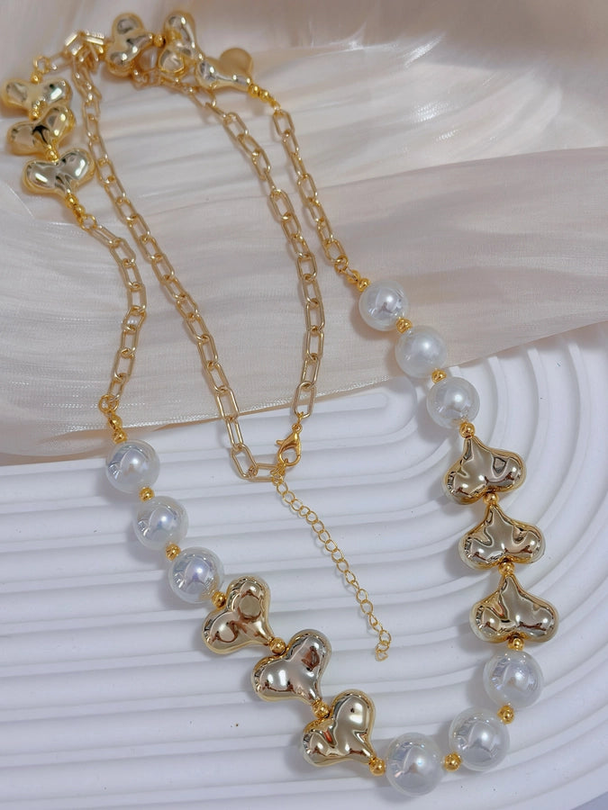 Handmade Pearl Heart Fashion Beaded Necklace 18k Gold Plated No Tarnish Link Chain Jewelry Necklaces Women