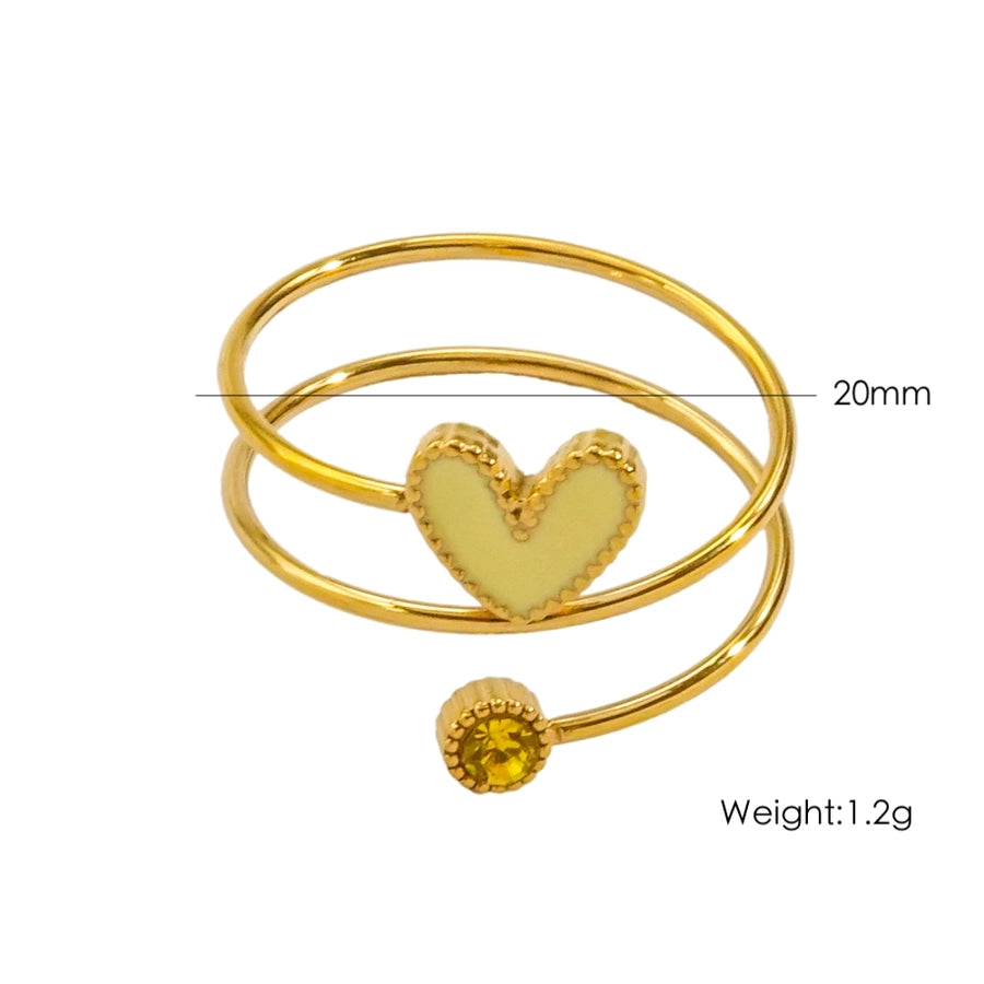 Jewelry Retro Luxurious Heart Shape 304 Stainless Steel Zircon 14K Gold Plated Enamel Inlay Open Rings