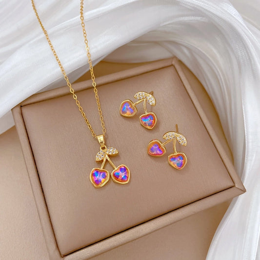 Jewelry Elegant Classic Style Commute Cherry Titanium Steel Brass Shell Zircon Gold Plated Inlay Jewelry Set