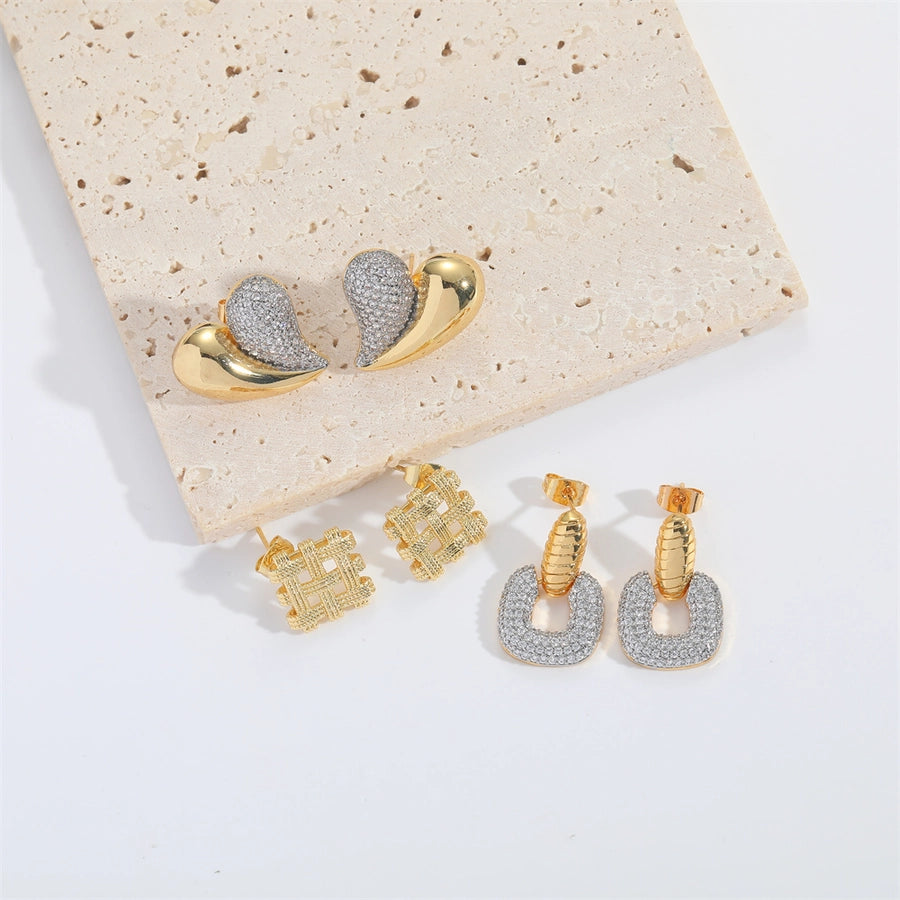 1 Pair Elegant Simple Style Commute Geometric Copper Zircon 14K Gold Plated Ear Studs