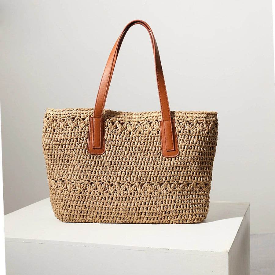 Women's Straw Solid Color Vacation Weave Square Zipper Tote Bag