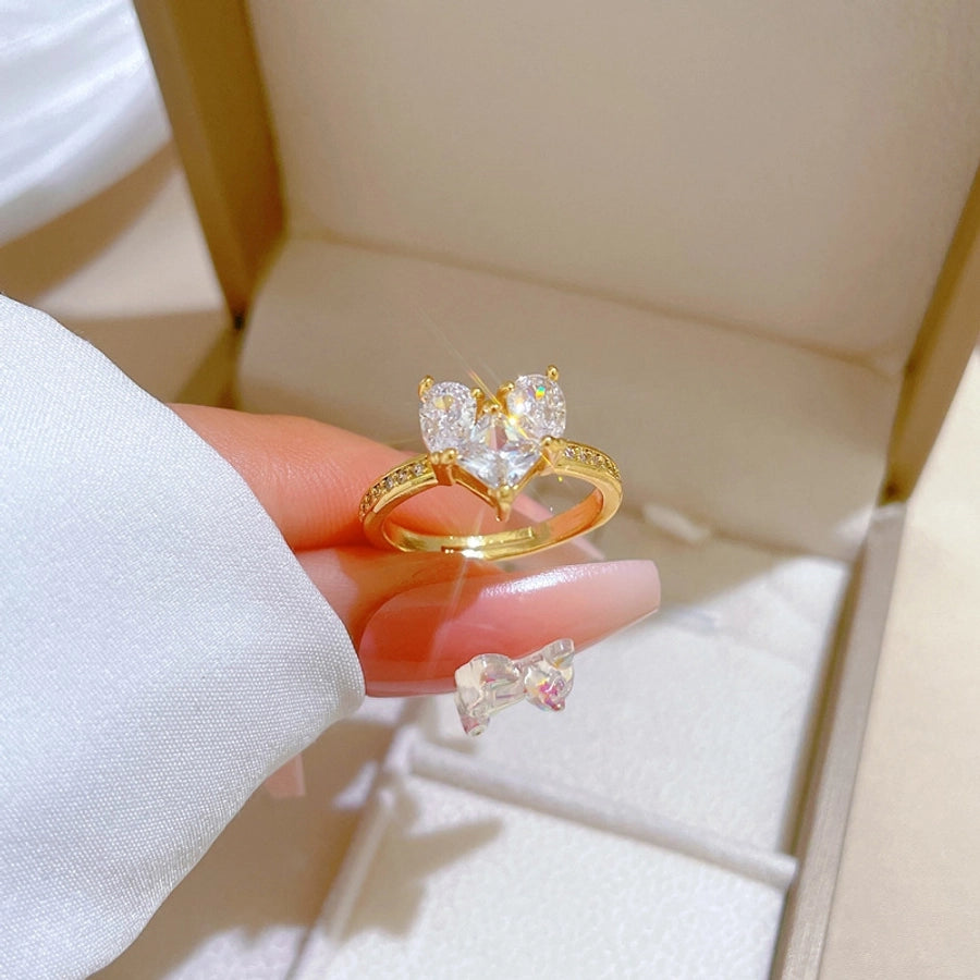 Brass Gold Plated IG Style Cute Sweet Inlay Heart Shape Zircon Open Rings