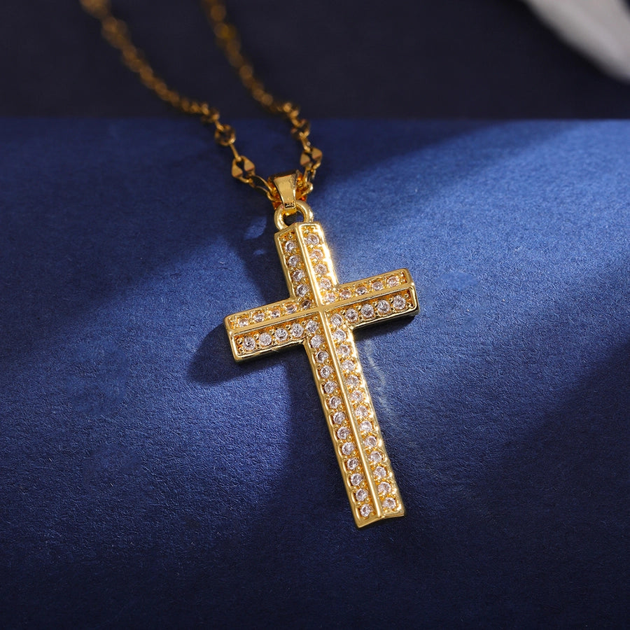 Classic Style Cross 304 Stainless Steel Copper Inlay 18K Gold Plated Zircon Pendant Necklace