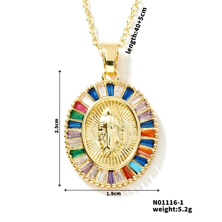 Jewelry Vintage Style Virgin Mary Oval Heart Shape 304 Stainless Steel Copper Zircon K Gold Plated Inlay Pendant Necklace