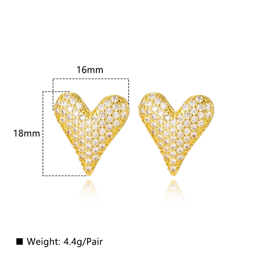 1 Pair Casual Simple Style Heart Shape Copper Zircon 18K Gold Plated Ear Studs