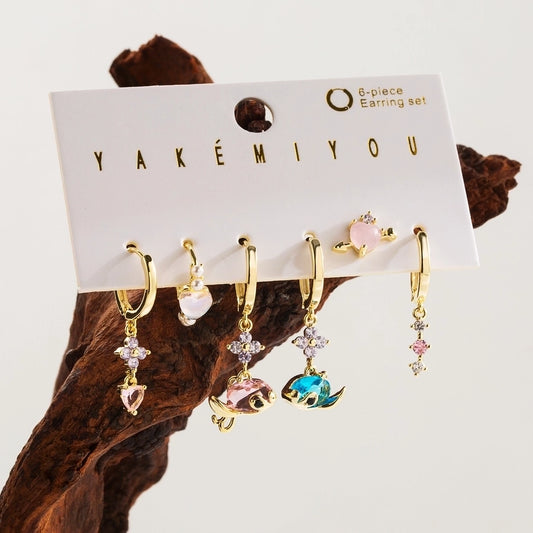 1 Set Yakemiyou Beach IG Style Flower Butterfly Fish Inlay Copper Zircon 14K Gold Plated Drop Earrings Ear Studs