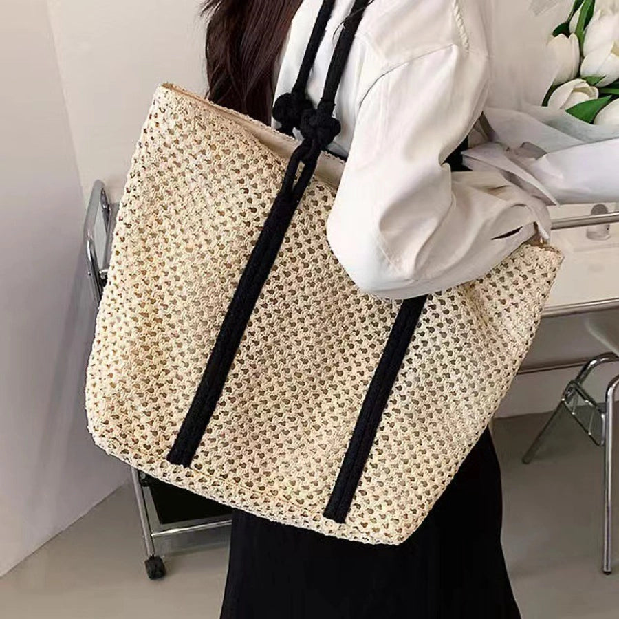 Women's Large Paper Solid Color Elegant Streetwear Weave Square Zipper Straw Bag