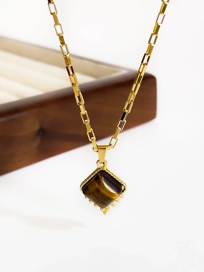 Jewelry Retro Classic Style Rhombus 316L Stainless Steel  Natural Stone 18K Gold Plated Irregular Inlay Pendant Necklace