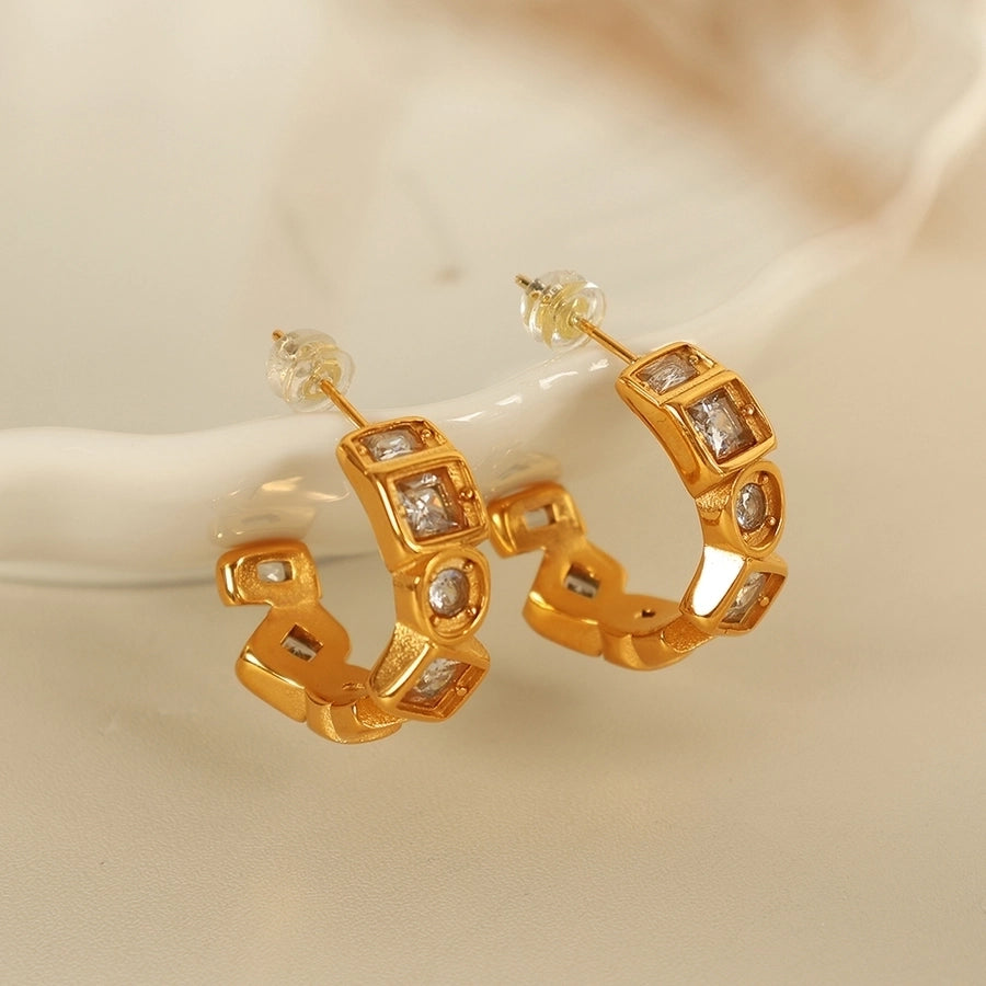 1 Pair IG Style Vintage Style C Shape Polishing Inlay 304 Stainless Steel Zircon 18K Gold Plated Ear Studs