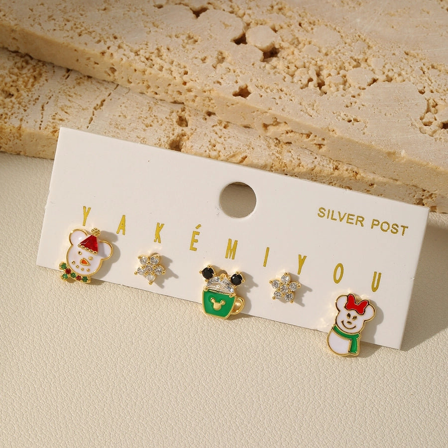 1 Set Cute Bear Snowman Enamel Plating Inlay Copper Zircon 14K Gold Plated Ear Studs - CEJEW