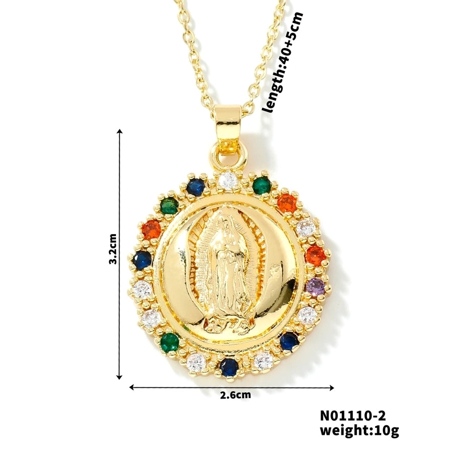 Jewelry Vintage Style Classic Style Geometric Round Virgin Mary 304 Stainless Steel Copper Zircon K Gold Plated Inlay Pendant Necklace - CEJEW