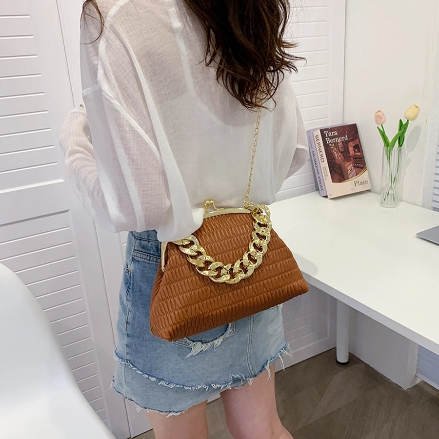 Women's Medium Pu Leather Solid Color Classic Style Sewing Thread Square Clasp Frame Crossbody Bag