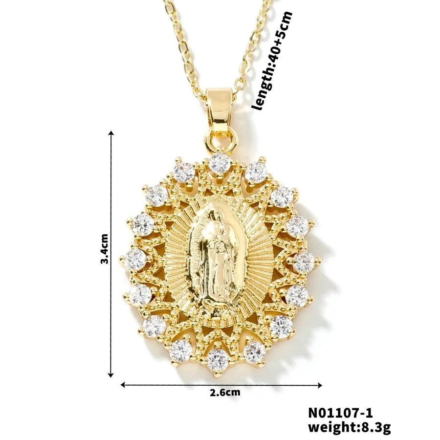 Jewelry Vintage Style Classic Style Geometric Round Virgin Mary 304 Stainless Steel Copper Zircon K Gold Plated Inlay Pendant Necklace - CEJEW