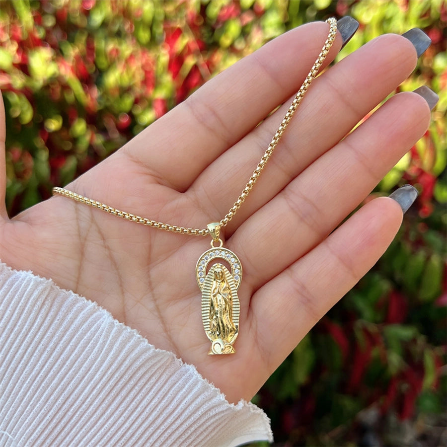 Copper 18K Gold Plated Inlay Human Virgin Mary Zircon Pendant Necklace