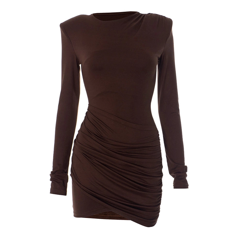 Women's Sheath Dress Sexy Round Neck Pleated Long Sleeve Solid Color Above Knee Holiday Banquet