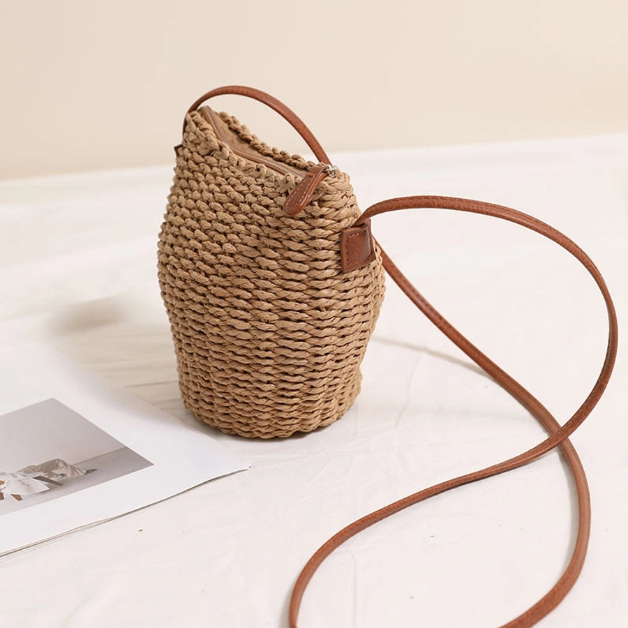 Women's Straw Solid Color Vacation Weave Bucket Zipper Crossbody Bag