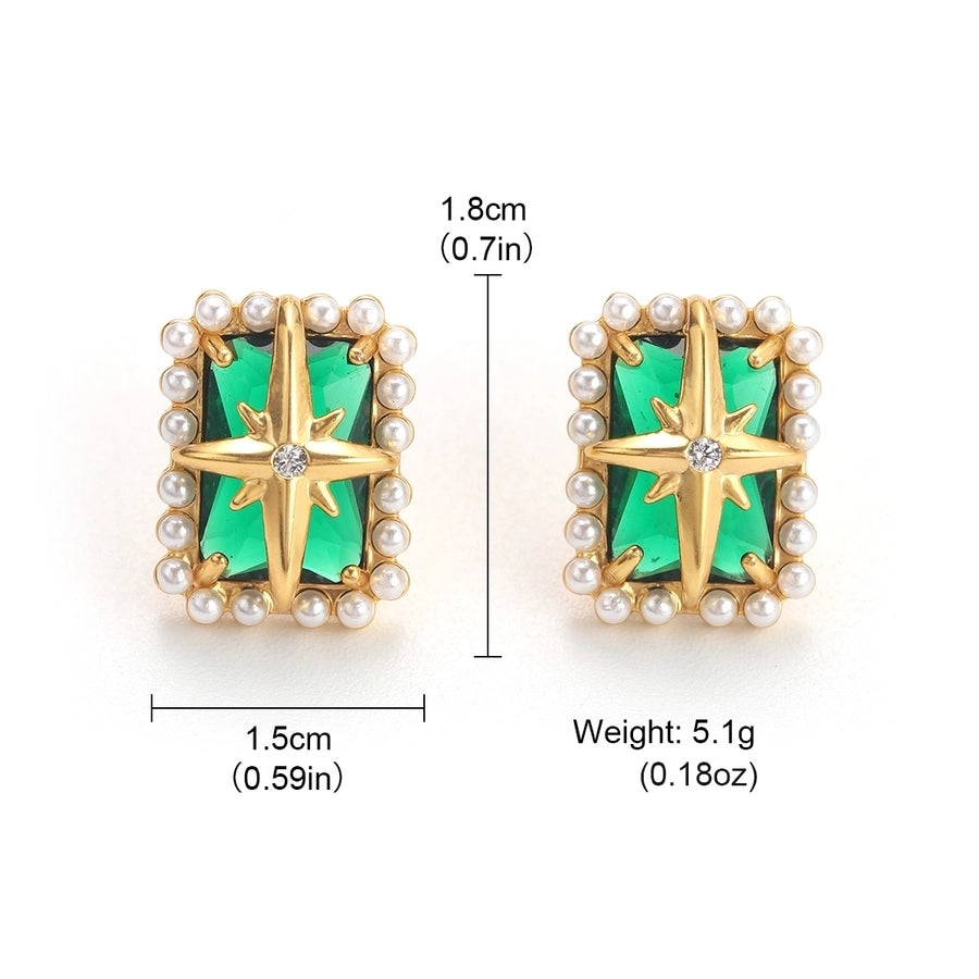 1 Pair Retro Hexagram Enamel Plating Inlay Copper Pearl Zircon 18K Gold Plated Ear Studs