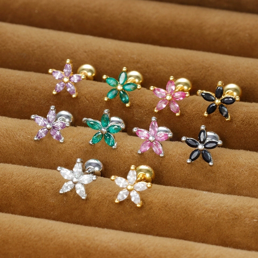 1 piece shiny flower plating inlay copper zircon ear studs