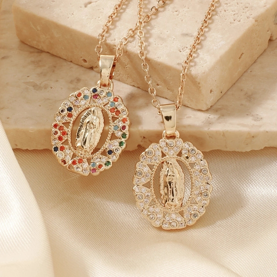 Jewelry Vintage Style Virgin Mary Oval Heart Shape 304 Stainless Steel Copper Zircon K Gold Plated Inlay Pendant Necklace