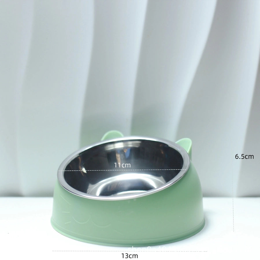 Stainless Steel Cat Dog Dual Bowl Slanted Mouth Protects Vertebras Pet Food Bowl Cat Supplies Trendy Double Neck Protection