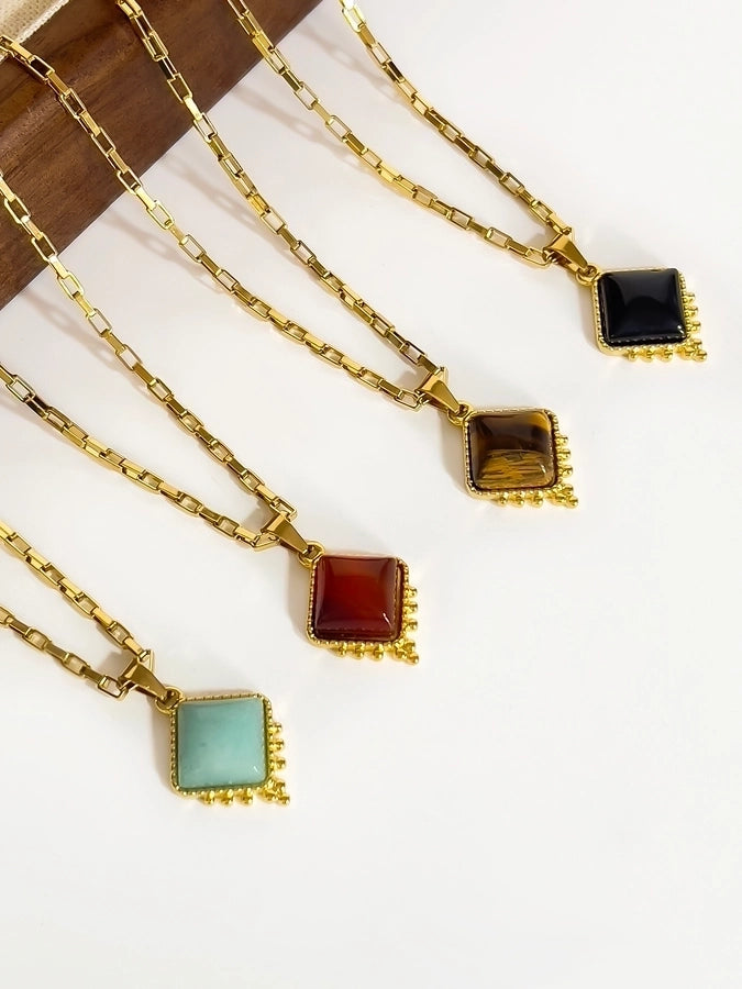 Jewelry Retro Classic Style Rhombus 316L Stainless Steel  Natural Stone 18K Gold Plated Irregular Inlay Pendant Necklace