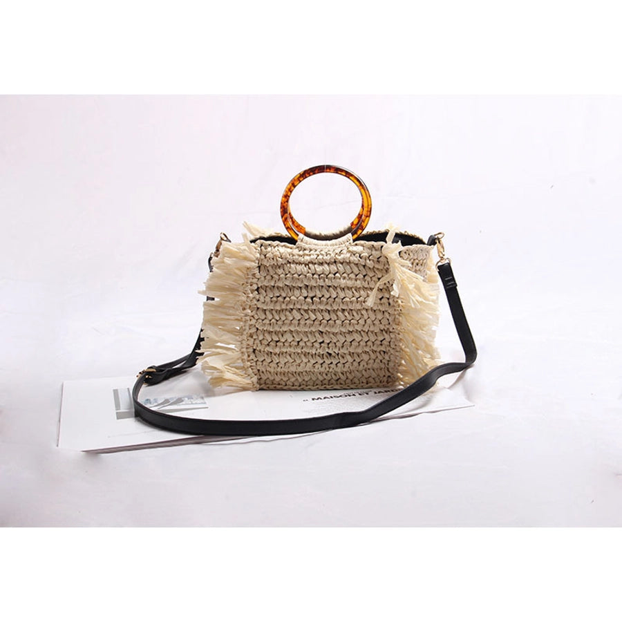 Women's Straw Solid Color Vacation Tassel Weave Square Zipper Shoulder Bag